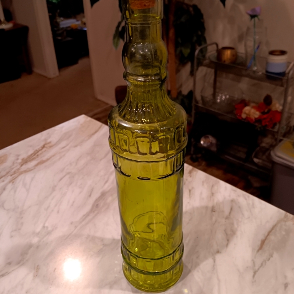 Holiday Xmas Glass Decorating Bottle 12.25” Tall Green W Cork Raised Design NEW